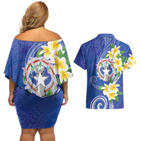 Northern Mariana Islands Chamorro Couples Matching Off Shoulder Short Dress and Hawaiian Shirt Plumeria Curves Style Navy Version LT05 - Polynesian Pride