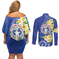 Northern Mariana Islands Chamorro Couples Matching Off Shoulder Short Dress and Long Sleeve Button Shirt Plumeria Curves Style Navy Version LT05 - Polynesian Pride