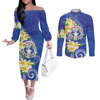 Northern Mariana Islands Chamorro Couples Matching Off The Shoulder Long Sleeve Dress and Long Sleeve Button Shirt Plumeria Curves Style Navy Version LT05 Navy - Polynesian Pride