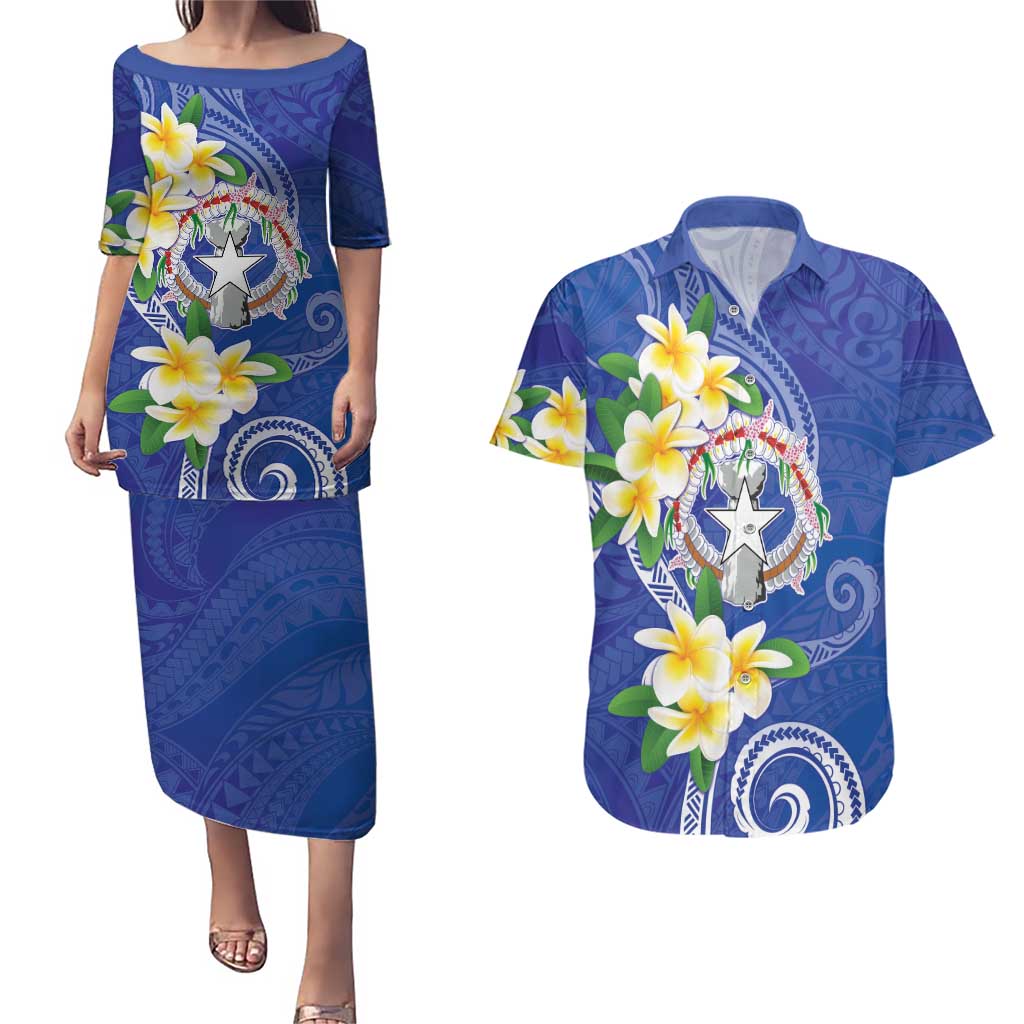 Northern Mariana Islands Chamorro Couples Matching Puletasi and Hawaiian Shirt Plumeria Curves Style Navy Version LT05 Navy - Polynesian Pride