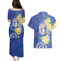 Northern Mariana Islands Chamorro Couples Matching Puletasi and Hawaiian Shirt Plumeria Curves Style Navy Version LT05 - Polynesian Pride