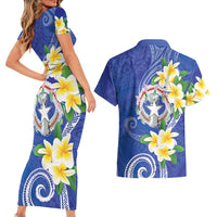 Northern Mariana Islands Chamorro Couples Matching Short Sleeve Bodycon Dress and Hawaiian Shirt Plumeria Curves Style Navy Version LT05 - Polynesian Pride