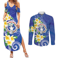 Northern Mariana Islands Chamorro Couples Matching Summer Maxi Dress and Long Sleeve Button Shirt Plumeria Curves Style Navy Version LT05 Navy - Polynesian Pride