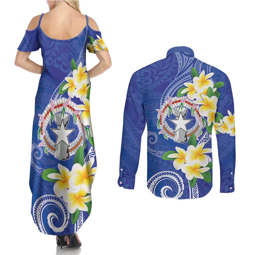 Northern Mariana Islands Chamorro Couples Matching Summer Maxi Dress and Long Sleeve Button Shirt Plumeria Curves Style Navy Version LT05 - Polynesian Pride