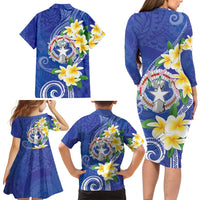 Northern Mariana Islands Chamorro Family Matching Long Sleeve Bodycon Dress and Hawaiian Shirt Plumeria Curves Style Navy Version LT05 - Polynesian Pride