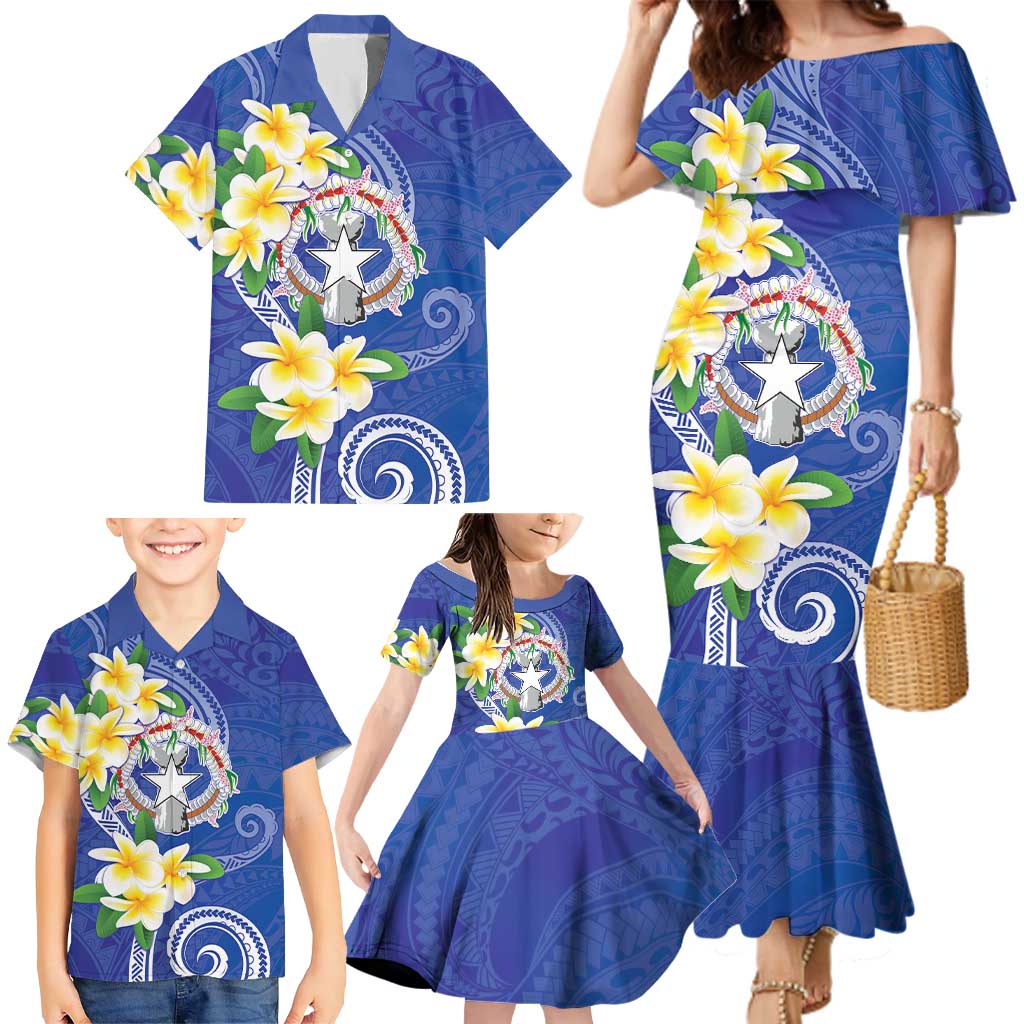 Northern Mariana Islands Chamorro Family Matching Mermaid Dress and Hawaiian Shirt Plumeria Curves Style Navy Version LT05 - Polynesian Pride