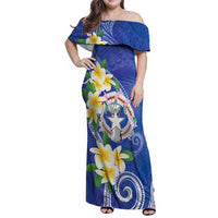 Northern Mariana Islands Chamorro Family Matching Off Shoulder Maxi Dress and Hawaiian Shirt Plumeria Curves Style Navy Version