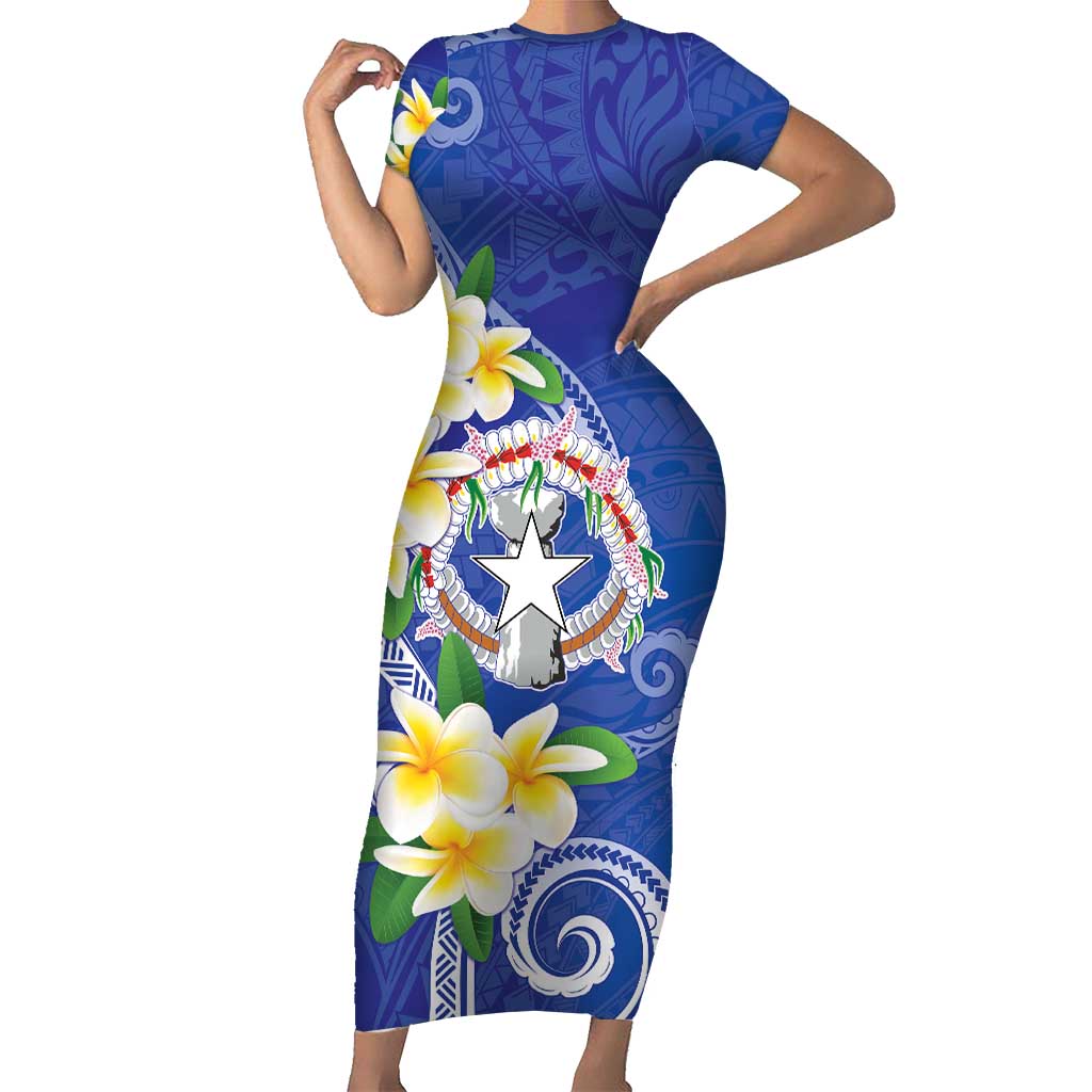 Northern Mariana Islands Chamorro Family Matching Short Sleeve Bodycon Dress and Hawaiian Shirt Plumeria Curves Style Navy Version