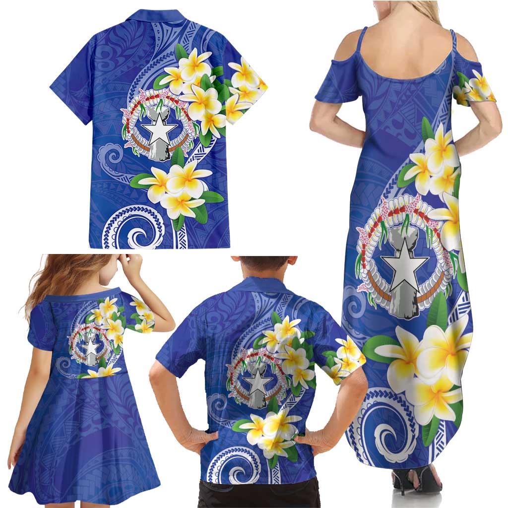 Northern Mariana Islands Chamorro Family Matching Summer Maxi Dress and Hawaiian Shirt Plumeria Curves Style Navy Version