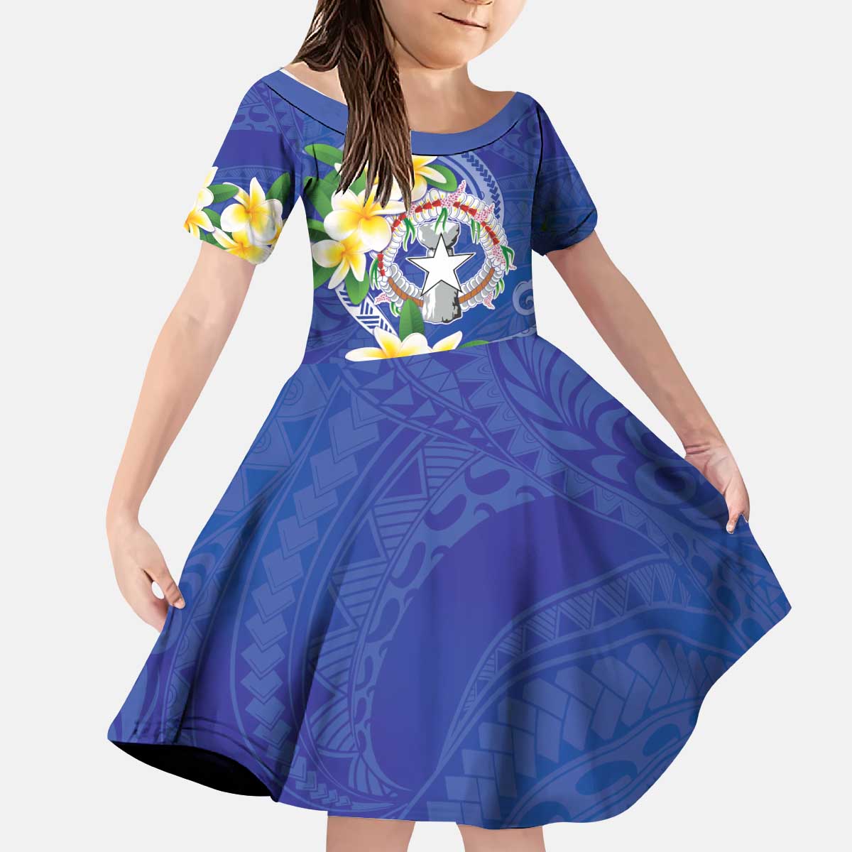 Northern Mariana Islands Chamorro Kid Short Sleeve Dress Plumeria Curves Style Navy Version LT05 KID Navy - Polynesian Pride