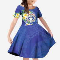 Northern Mariana Islands Chamorro Kid Short Sleeve Dress Plumeria Curves Style Navy Version LT05 KID Navy - Polynesian Pride