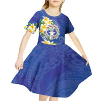 Northern Mariana Islands Chamorro Kid Short Sleeve Dress Plumeria Curves Style Navy Version LT05 - Polynesian Pride