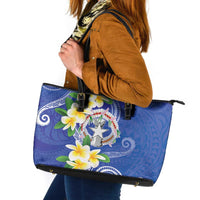 Northern Mariana Islands Chamorro Leather Tote Bag Plumeria Curves Style Navy Version