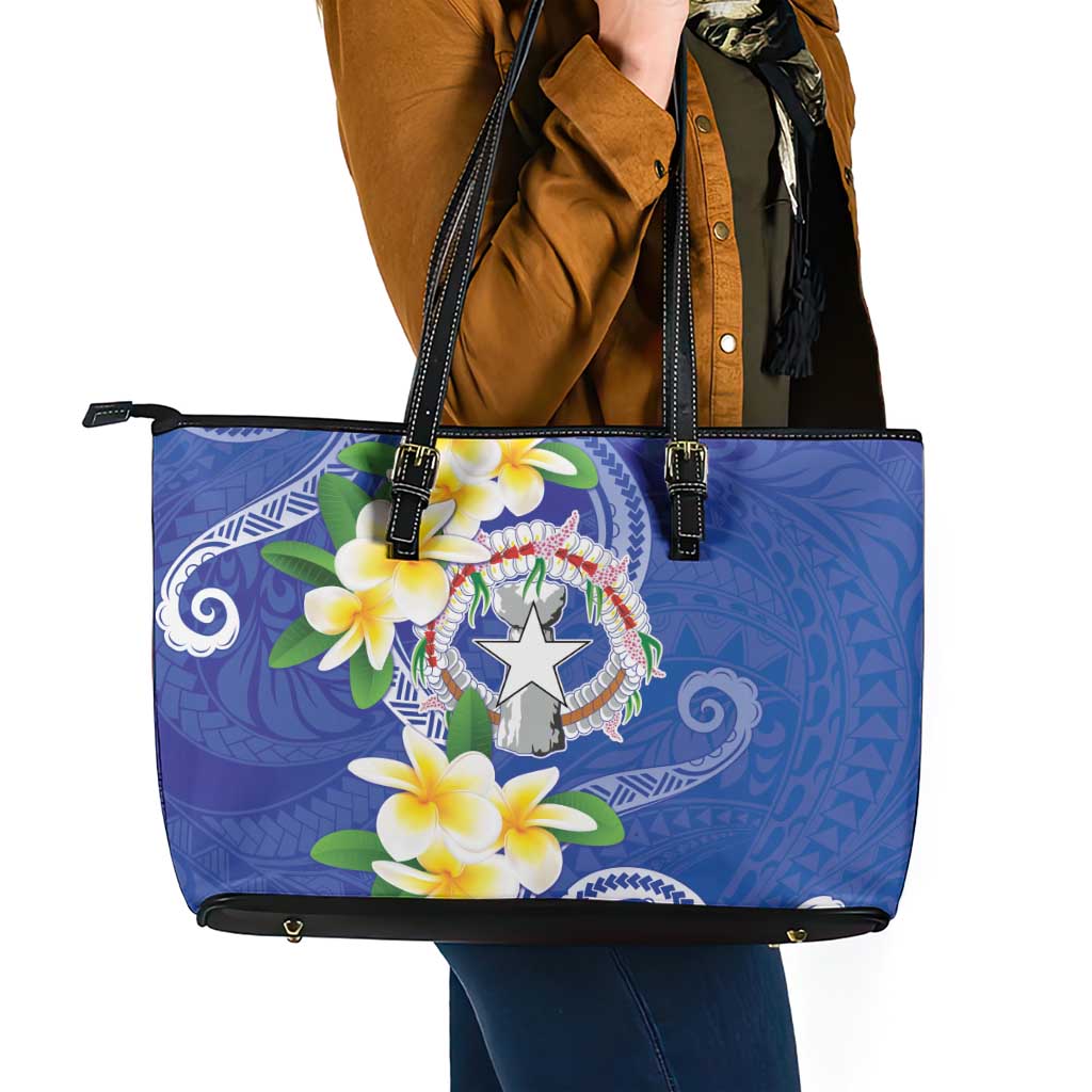 Northern Mariana Islands Chamorro Leather Tote Bag Plumeria Curves Style Navy Version