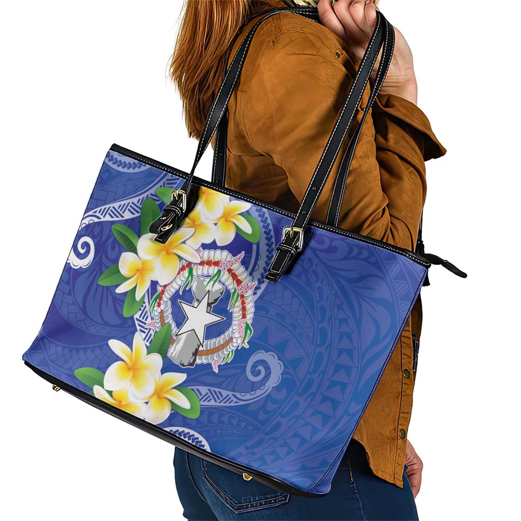Northern Mariana Islands Chamorro Leather Tote Bag Plumeria Curves Style Navy Version