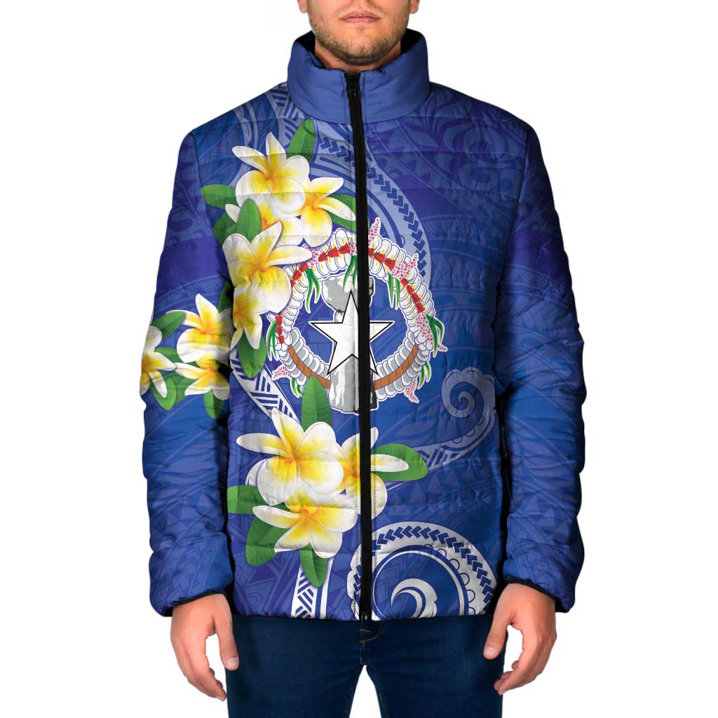 Northern Mariana Islands Chamorro Padded Jacket Plumeria Curves Style Navy Version