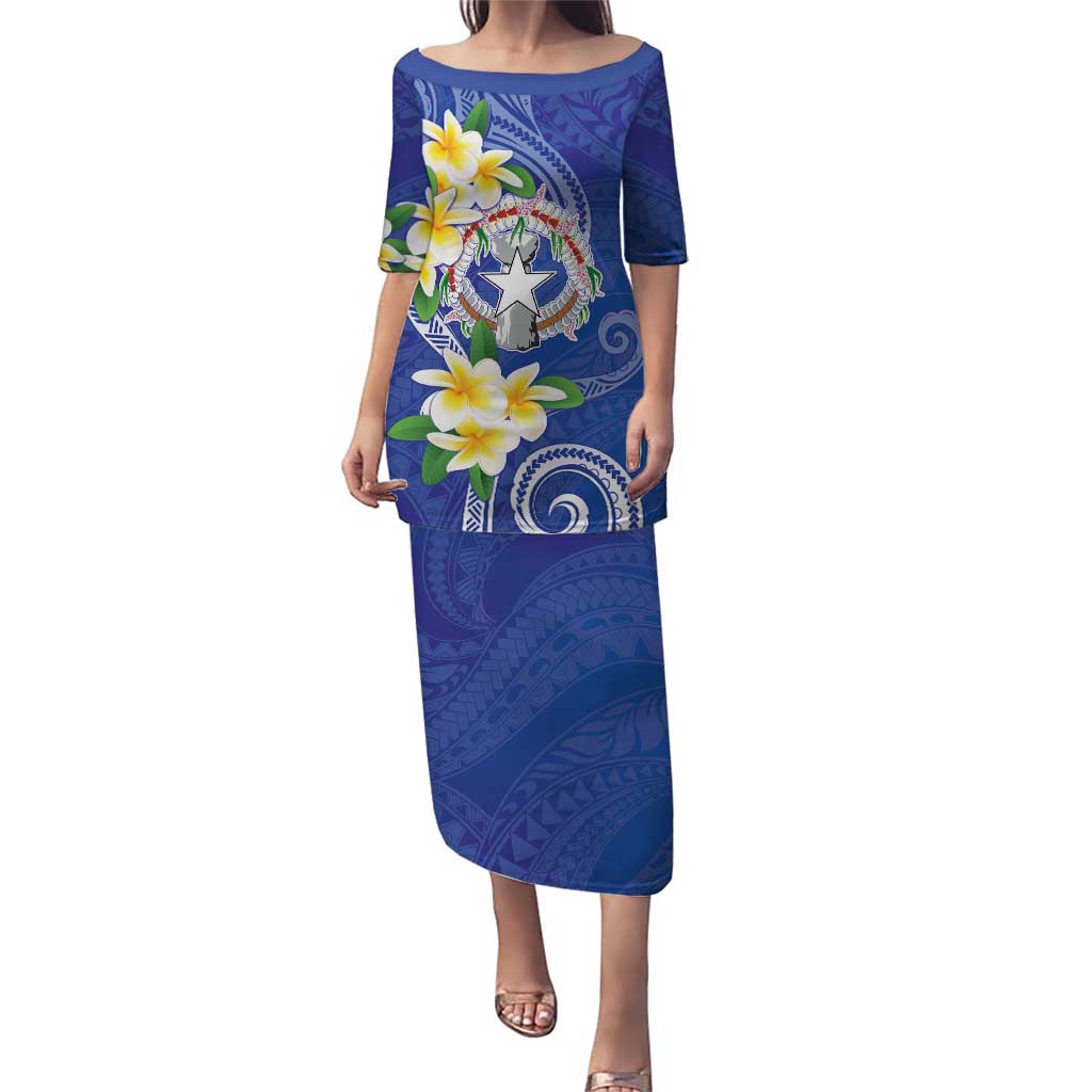 Northern Mariana Islands Chamorro Puletasi Plumeria Curves Style Navy Version
