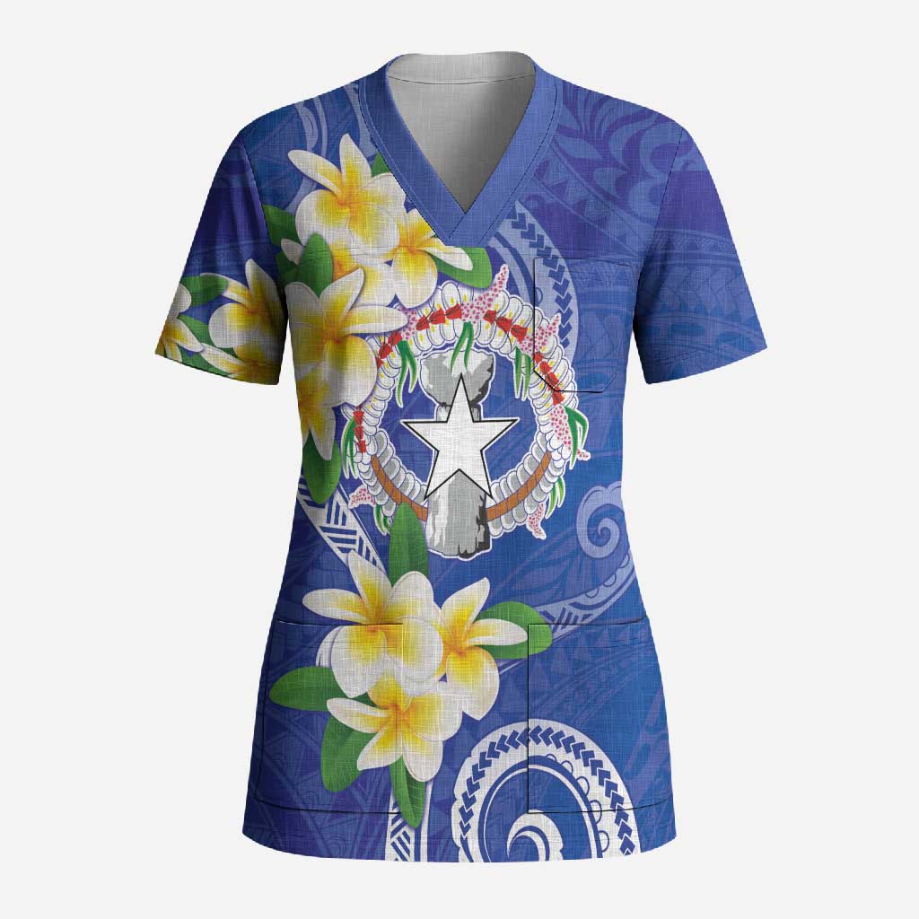Northern Mariana Islands Chamorro Scrub Top Plumeria Curves Style Navy Version LT05 Adult Navy - Polynesian Pride
