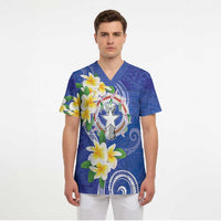 Northern Mariana Islands Chamorro Scrub Top Plumeria Curves Style Navy Version LT05 - Polynesian Pride