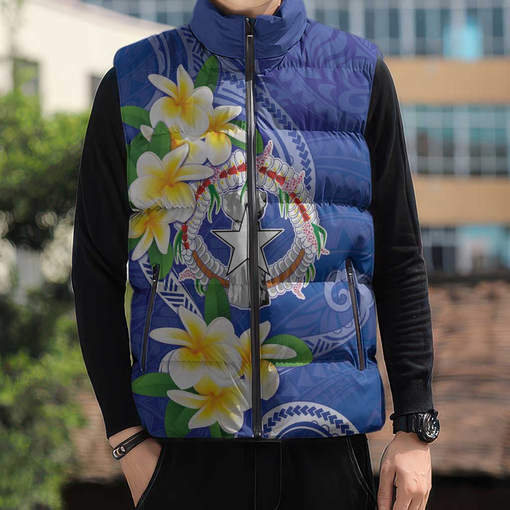 Northern Mariana Islands Chamorro Sleeveless Puffer Jacket Plumeria Curves Style Navy Version