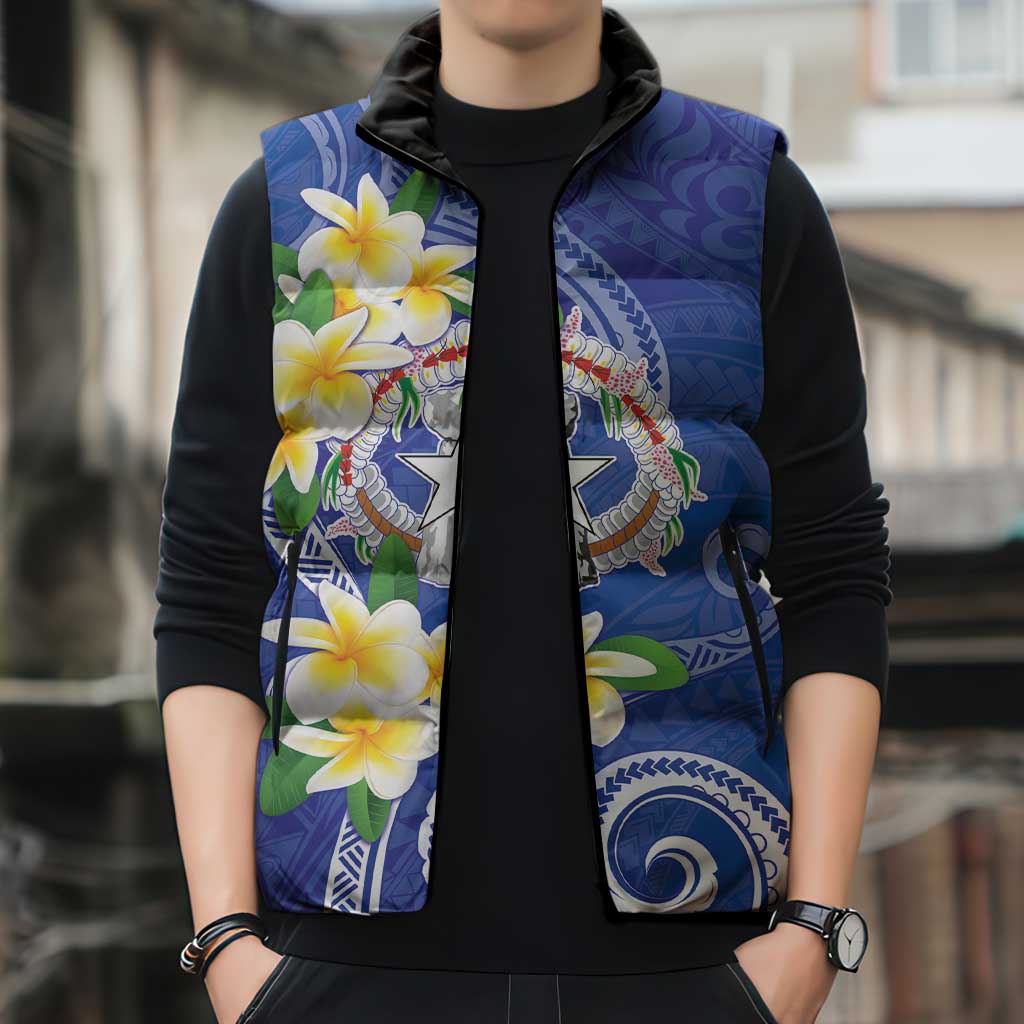 Northern Mariana Islands Chamorro Sleeveless Puffer Jacket Plumeria Curves Style Navy Version
