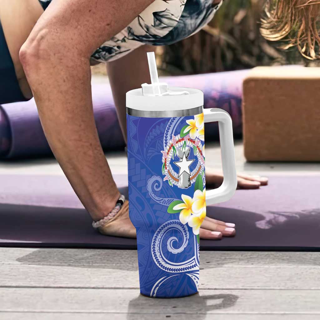 Northern Mariana Islands Chamorro Tumbler With Handle Plumeria Curves Style Navy Version