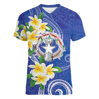 Northern Mariana Islands Chamorro Women V-Neck T-Shirt Plumeria Curves Style Navy Version LT05 Female Navy - Polynesian Pride