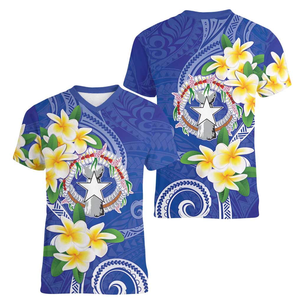 Northern Mariana Islands Chamorro Women V-Neck T-Shirt Plumeria Curves Style Navy Version LT05 - Polynesian Pride