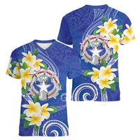 Northern Mariana Islands Chamorro Women V-Neck T-Shirt Plumeria Curves Style Navy Version LT05 - Polynesian Pride