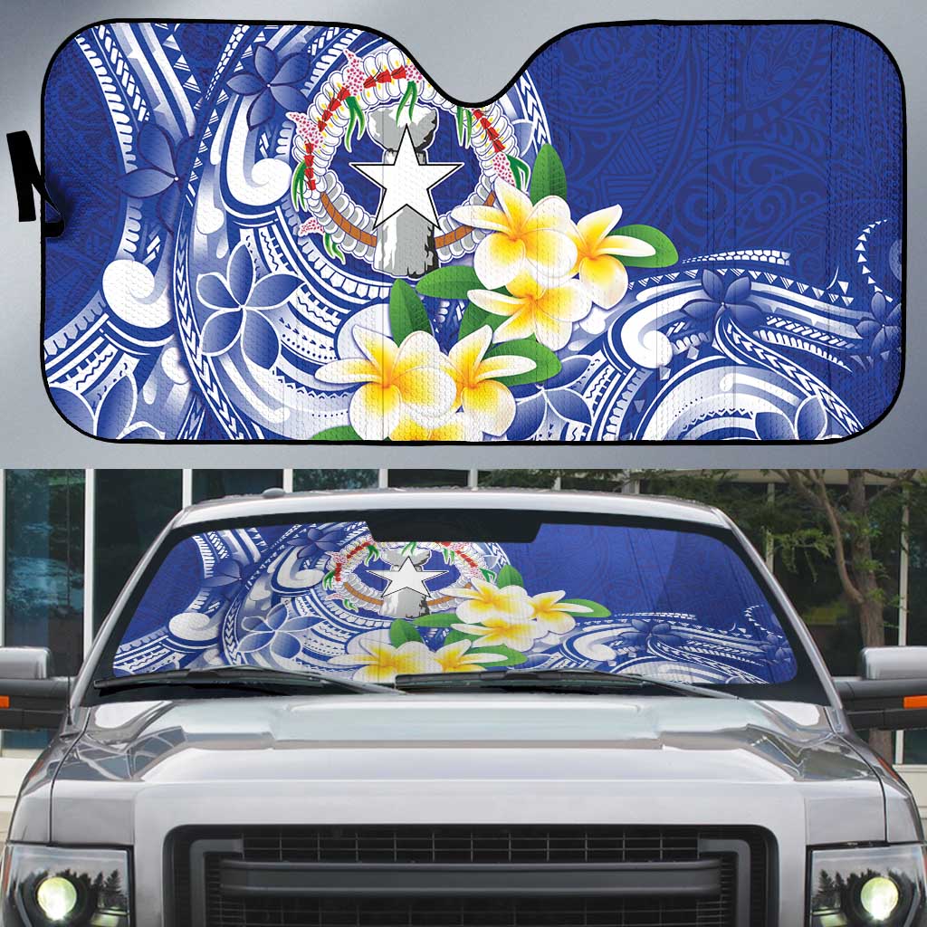 Northern Mariana Islands Auto Sun Shade Polynesian Pattern With Frangipani LT05 Navy - Polynesian Pride