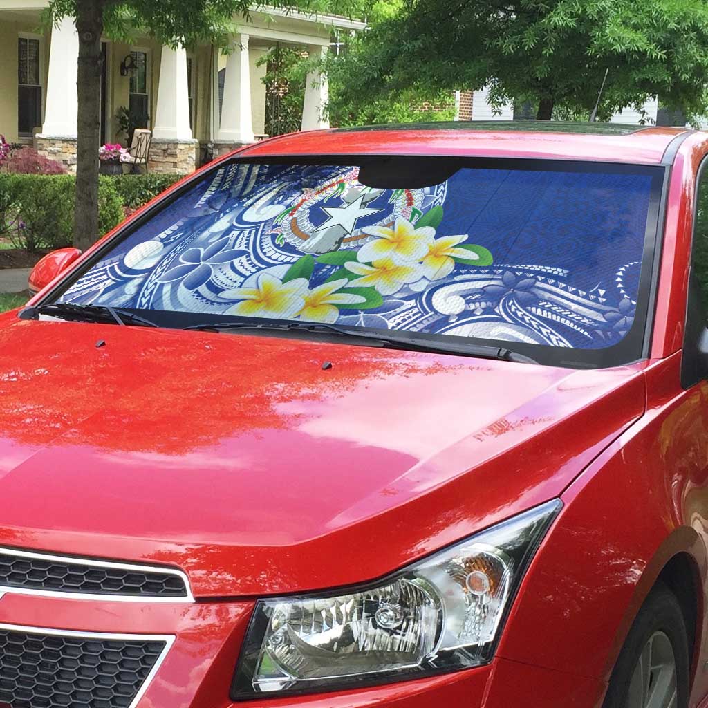 Northern Mariana Islands Auto Sun Shade Polynesian Pattern With Frangipani LT05 - Polynesian Pride