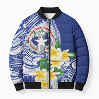 Northern Mariana Islands Bomber Puffer Jacket Polynesian Pattern With Frangipani LT05 Unisex Navy - Polynesian Pride