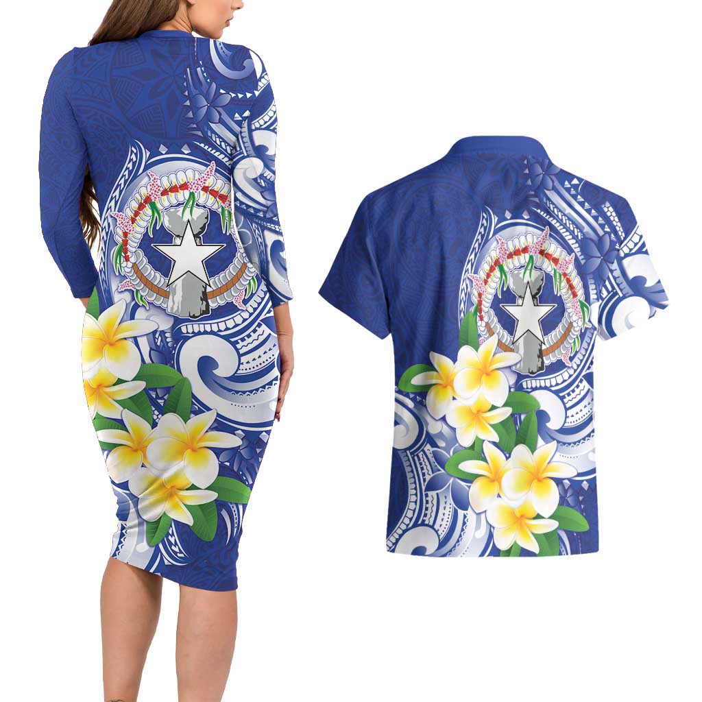 Northern Mariana Islands Couples Matching Long Sleeve Bodycon Dress and Hawaiian Shirt Polynesian Pattern With Frangipani LT05 - Polynesian Pride