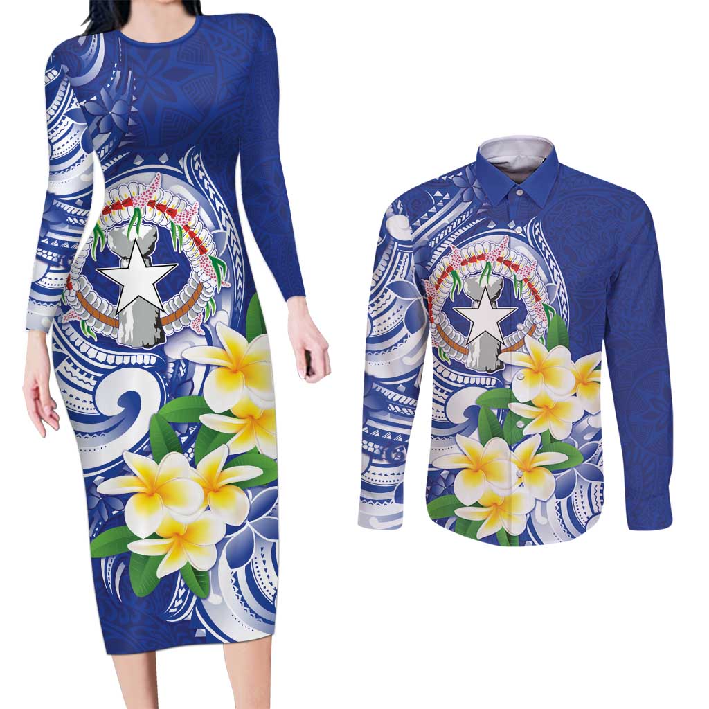 Northern Mariana Islands Couples Matching Long Sleeve Bodycon Dress and Long Sleeve Button Shirt Polynesian Pattern With Frangipani LT05 Navy - Polynesian Pride