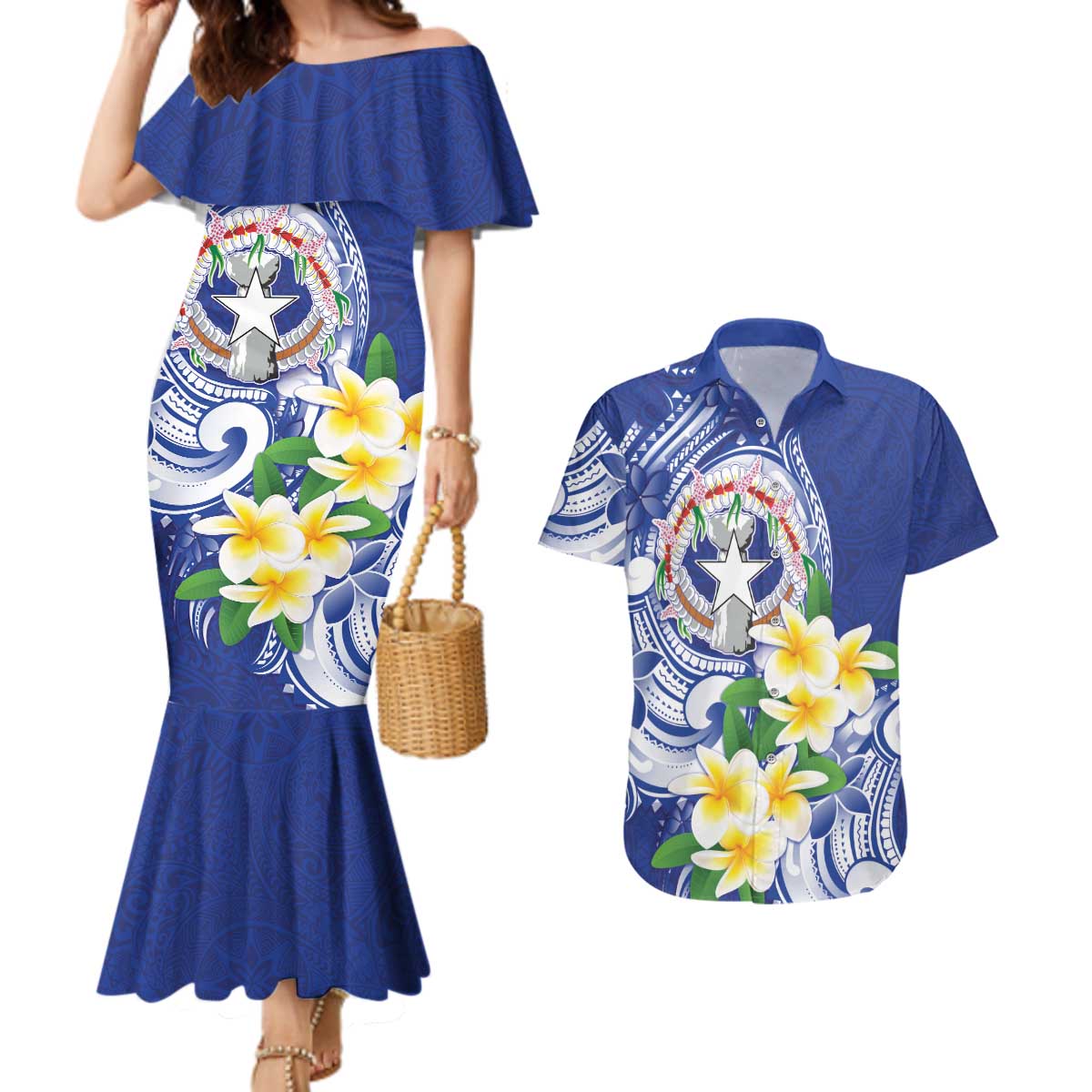 Northern Mariana Islands Couples Matching Mermaid Dress and Hawaiian Shirt Polynesian Pattern With Frangipani LT05 Navy - Polynesian Pride