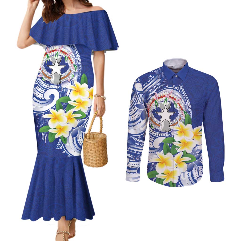 Northern Mariana Islands Couples Matching Mermaid Dress and Long Sleeve Button Shirt Polynesian Pattern With Frangipani LT05 Navy - Polynesian Pride
