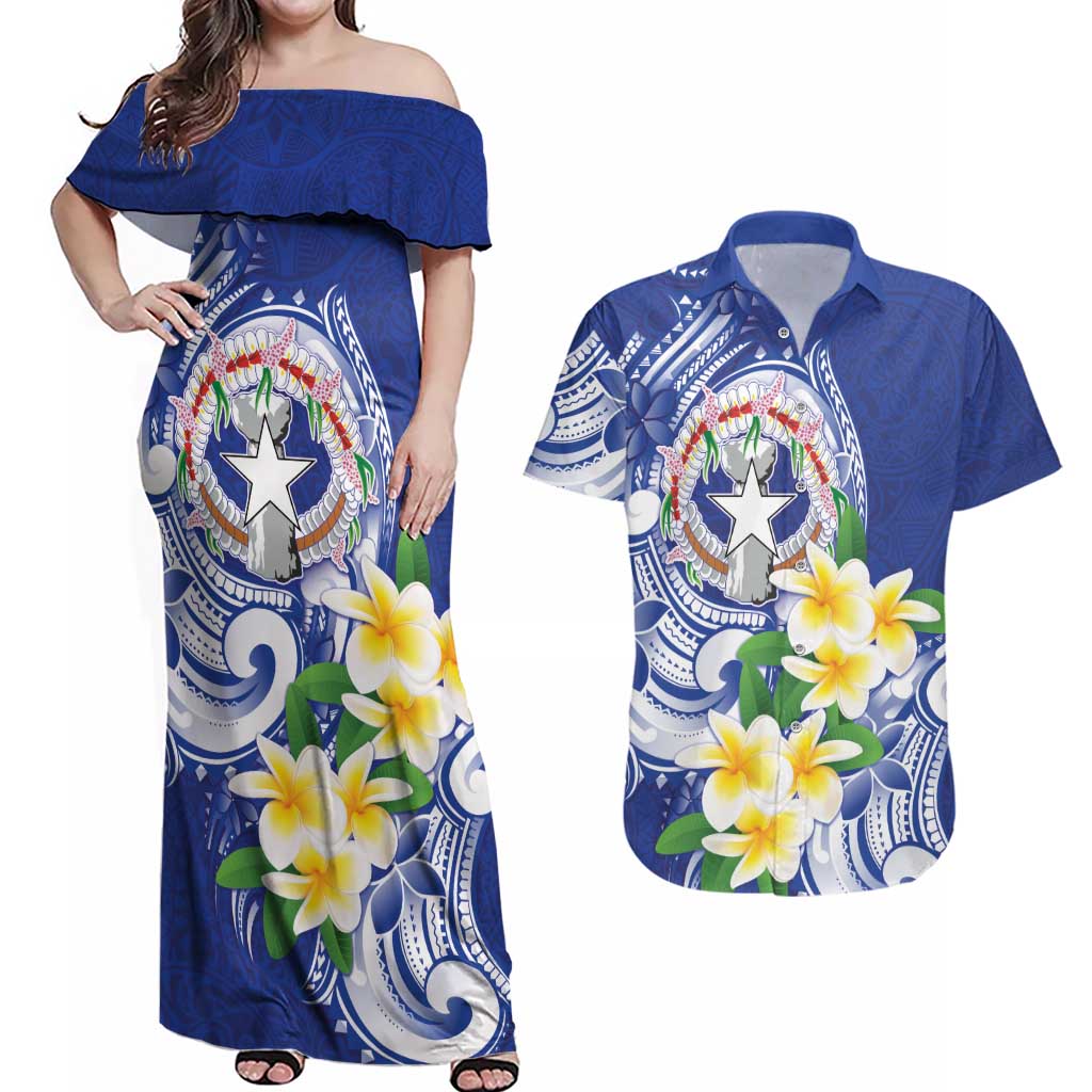 Northern Mariana Islands Couples Matching Off Shoulder Maxi Dress and Hawaiian Shirt Polynesian Pattern With Frangipani LT05 Navy - Polynesian Pride