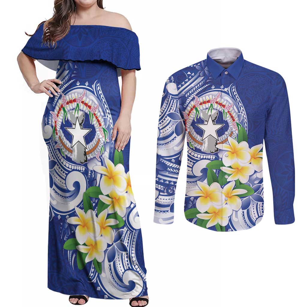 Northern Mariana Islands Couples Matching Off Shoulder Maxi Dress and Long Sleeve Button Shirt Polynesian Pattern With Frangipani LT05 Navy - Polynesian Pride
