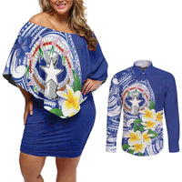 Northern Mariana Islands Couples Matching Off Shoulder Short Dress and Long Sleeve Button Shirt Polynesian Pattern With Frangipani LT05 Navy - Polynesian Pride