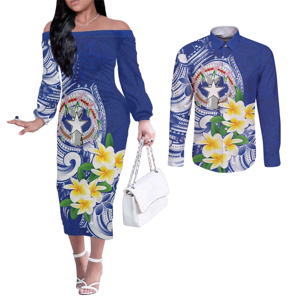 Northern Mariana Islands Couples Matching Off The Shoulder Long Sleeve Dress and Long Sleeve Button Shirt Polynesian Pattern With Frangipani LT05 Navy - Polynesian Pride