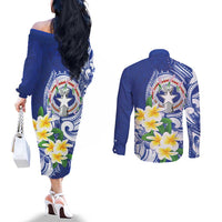 Northern Mariana Islands Couples Matching Off The Shoulder Long Sleeve Dress and Long Sleeve Button Shirt Polynesian Pattern With Frangipani