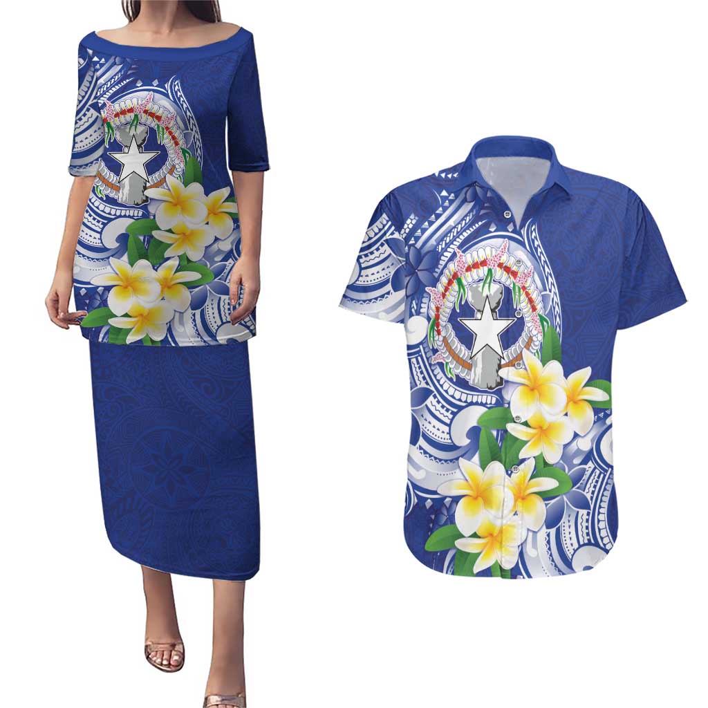 Northern Mariana Islands Couples Matching Puletasi and Hawaiian Shirt Polynesian Pattern With Frangipani LT05 Navy - Polynesian Pride