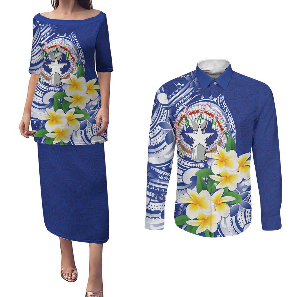 Northern Mariana Islands Couples Matching Puletasi and Long Sleeve Button Shirt Polynesian Pattern With Frangipani LT05 Navy - Polynesian Pride