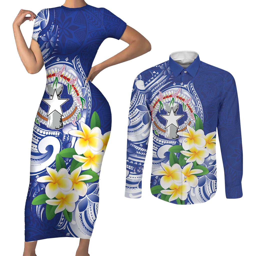 Northern Mariana Islands Couples Matching Short Sleeve Bodycon Dress and Long Sleeve Button Shirt Polynesian Pattern With Frangipani LT05 Navy - Polynesian Pride