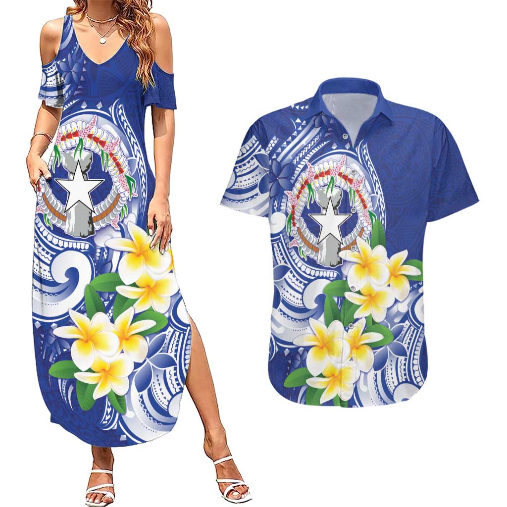 Northern Mariana Islands Couples Matching Summer Maxi Dress and Hawaiian Shirt Polynesian Pattern With Frangipani LT05 Navy - Polynesian Pride