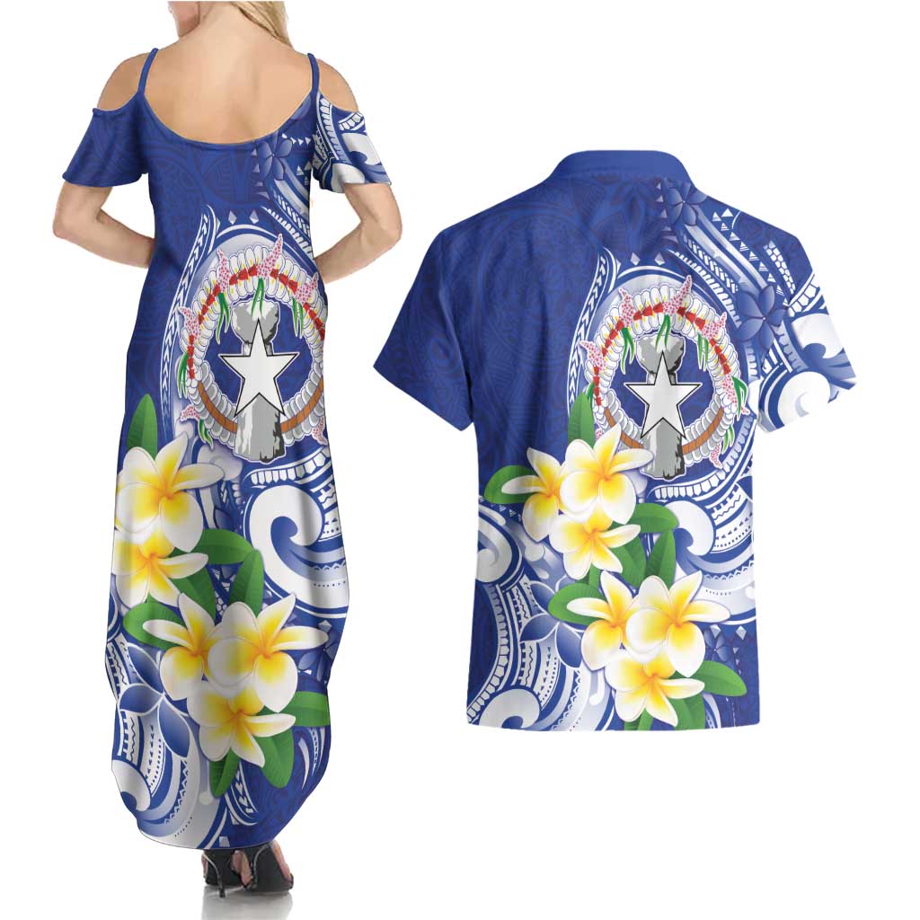 Northern Mariana Islands Couples Matching Summer Maxi Dress and Hawaiian Shirt Polynesian Pattern With Frangipani