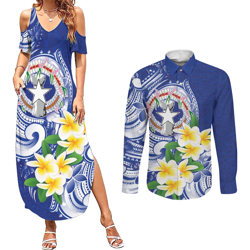 Northern Mariana Islands Couples Matching Summer Maxi Dress and Long Sleeve Button Shirt Polynesian Pattern With Frangipani LT05 Navy - Polynesian Pride