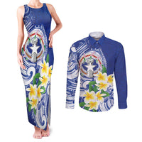 Northern Mariana Islands Couples Matching Tank Maxi Dress and Long Sleeve Button Shirt Polynesian Pattern With Frangipani LT05 Navy - Polynesian Pride