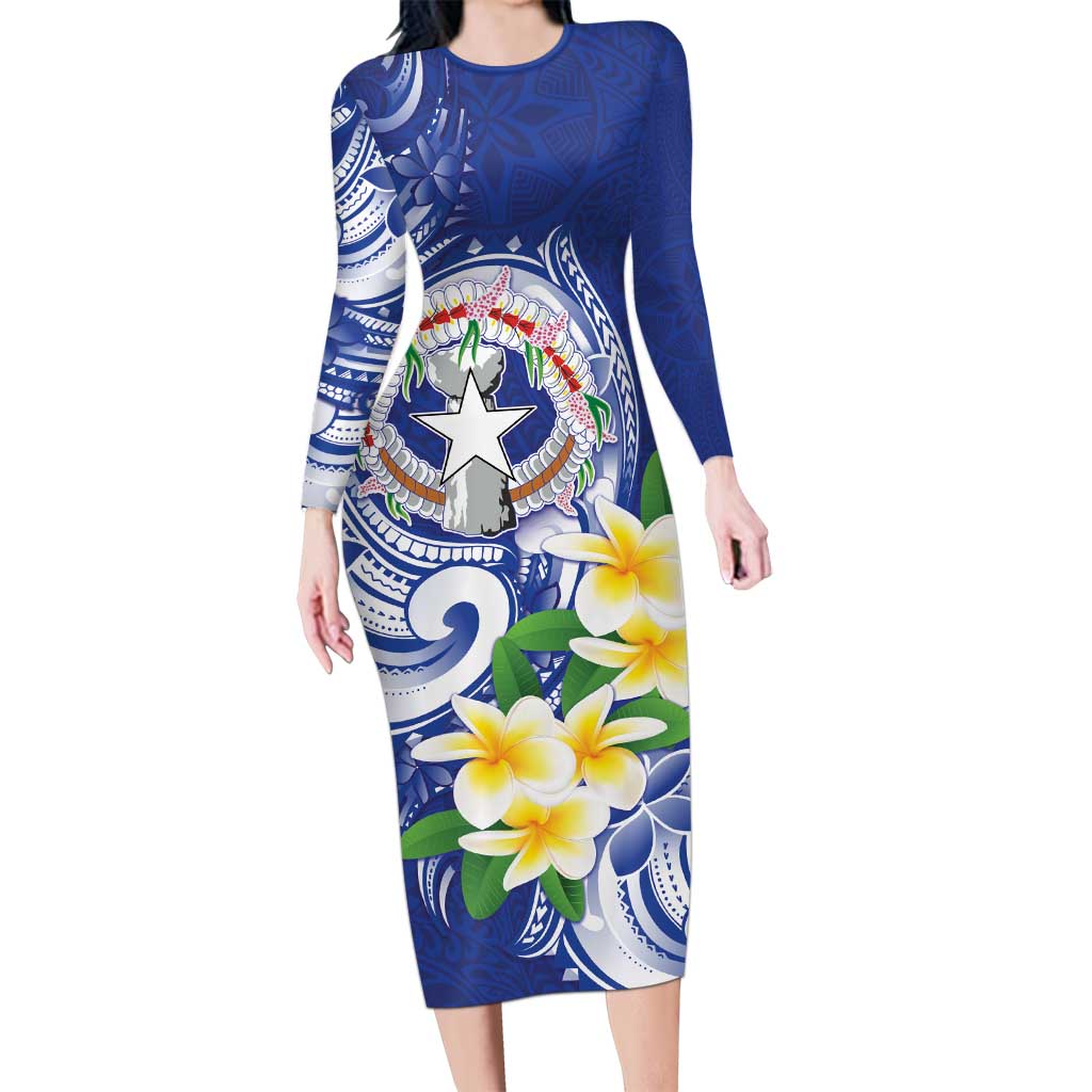 Northern Mariana Islands Family Matching Long Sleeve Bodycon Dress and Hawaiian Shirt Polynesian Pattern With Frangipani LT05 Mom's Dress Navy - Polynesian Pride