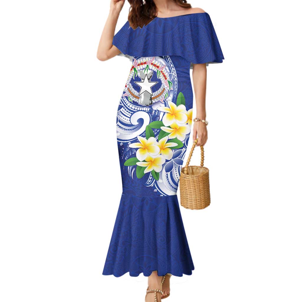 Northern Mariana Islands Family Matching Mermaid Dress and Hawaiian Shirt Polynesian Pattern With Frangipani LT05 Mom's Dress Navy - Polynesian Pride